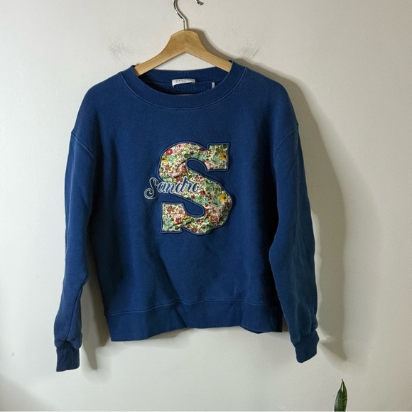 Sandro Classic Embroidered Crewneck Sweatshirt Women’s Size 1 (Small) in Blue - Picture 3 of 10